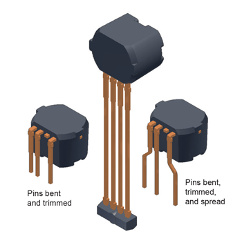 Figure 1. SG package (center) as built, (left) leads bent and trimmed, and (right) leads trimmed and formed by spreading