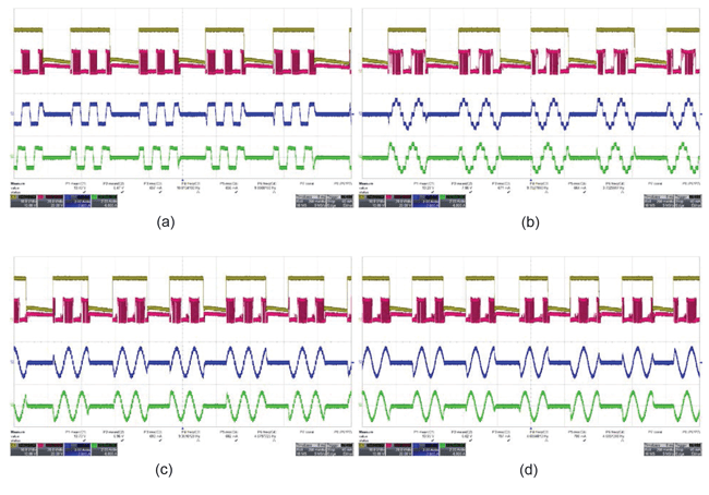 图 10：在 (a) 全步进、(b) 半步进、(c) 四分之一及 (d) 八分之一步进 (A5977) 模式热插拔过程中，A5977/A5979 步进式电机驱动器的性能，分别显示了直流总线电压 (VBB)（黄色）、相电压 (VPHASE)（粉色）和步进式电机相电流 (IPHASE1 和 PHASE2)（蓝色和绿色）。