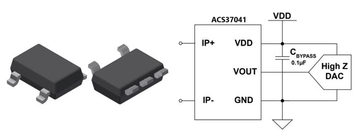 Allegro ACS37041 in a 5-pin SOT23–W package along with a typical application circuit